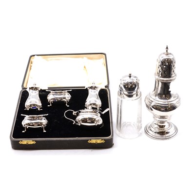Lot 183 - Silver five piece condiment set, silver sugar caster and another glass caster.