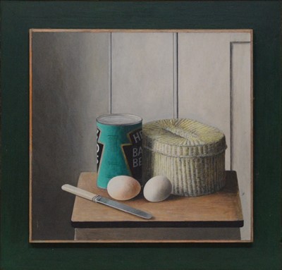 Lot 612 - Gordon Meeton, Still life with Baked Beans, eggs and a basket