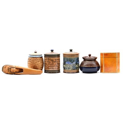 Lot 78 - Three Doulton stoneware tobacco jars, wooden tea caddy, nutcracker, etc