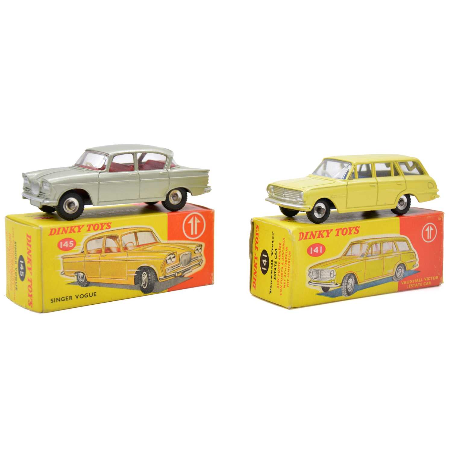 Lot 14 - Dinky Toys models, two including 141 Vauxhall Victor Estate car; 145 Singer Vogue, both boxed.