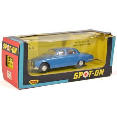Lot 73 - Tri-ang Spot-on Toys model 276 Jaguar S, blue body, red seats, boxed.