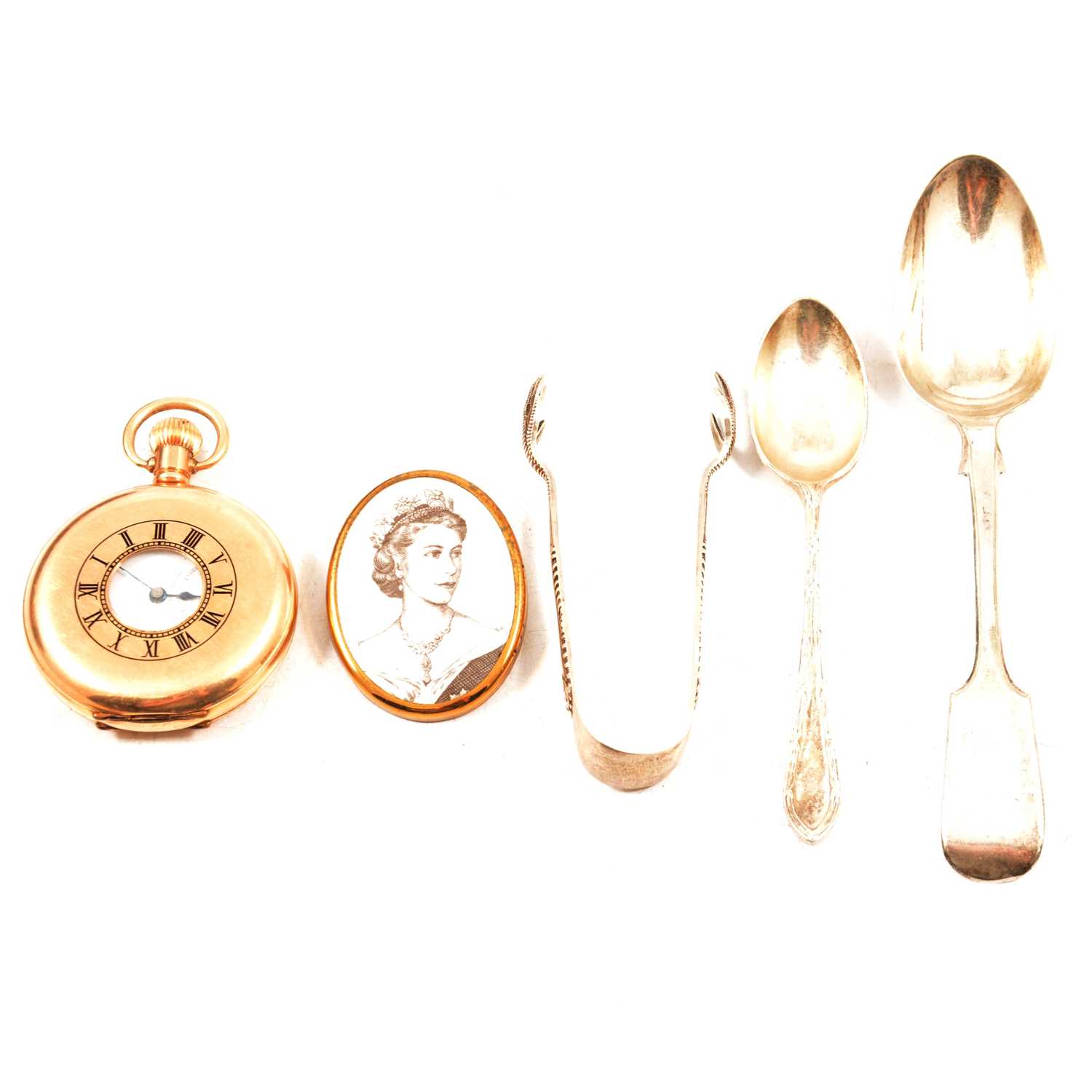 Lot 438 - A gold-plated half hunter pocket watch, double Albert watch chain, brooches and plated cutlery.