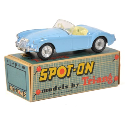 Lot 84 - Tri-ang Spot-on Toy model, 104 MG A, light blue body, boxed with paperwork.