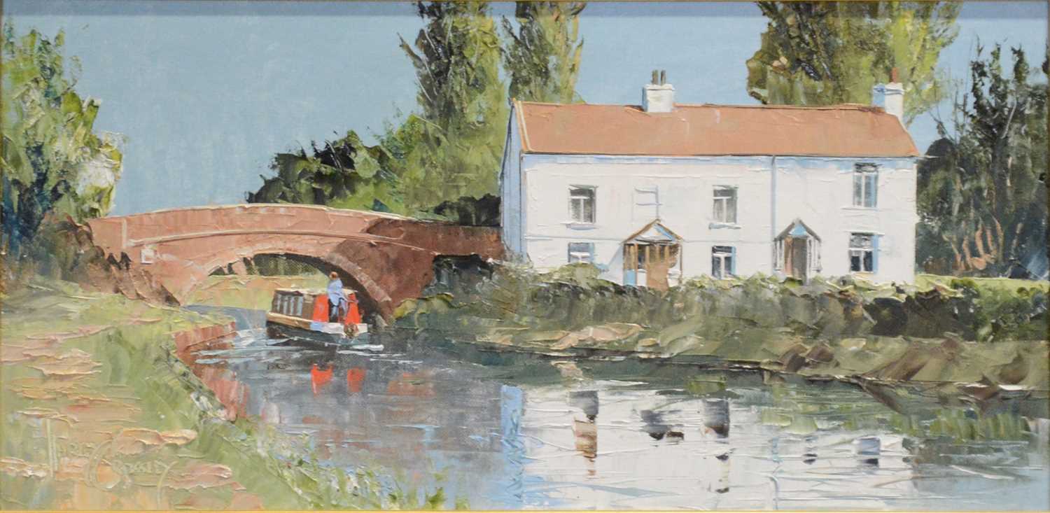 Lot 284 Harley Crossley, Canal scene, oil, and four