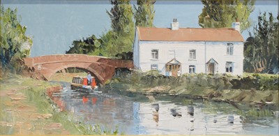 Lot 284 - Harley Crossley, Canal scene, oil, and four Canal watercolours