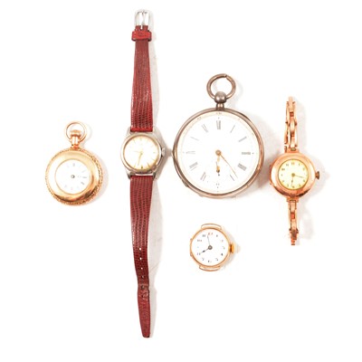 Lot 389 - A silver pocket watch, lady's Omega wristwatch, gold coloured fob watch and two gold wristwatches.