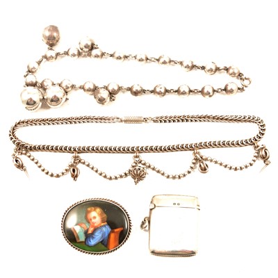 Lot 417 - Silver and white metal bracelets, ring, bangle, vesta, necklaces, ceramic brooch and chains.