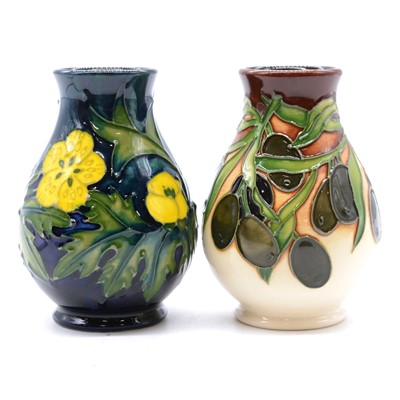 Lot 41 - Moorcroft Pottery, two small vases in the 'Buttercup' and 'Olives' designs