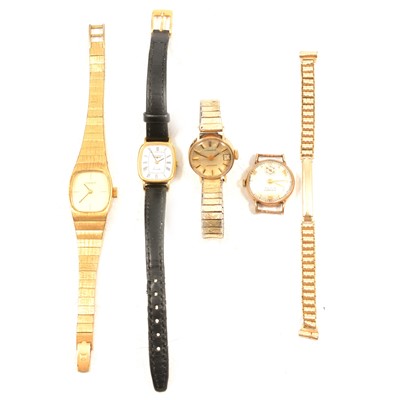 Lot 385 - Two gold wristwatches, two gold-plated wristwatches and a rolled gold watch bracelet.