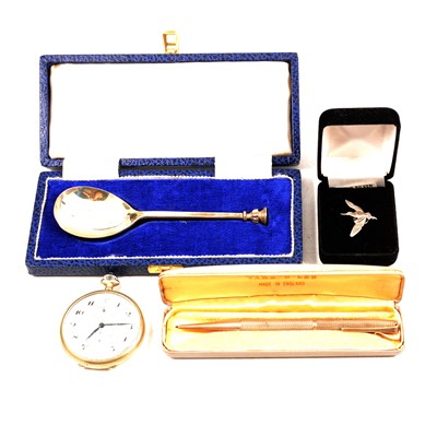 Lot 418 - Silver pencil, medallion, tie pins, spoon, napkin ring and nickel pocket watch.