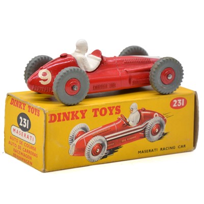 Lot 44 - Dinky Toys model 231 Maserati racing car, red body and hubs, no.6, boxed.