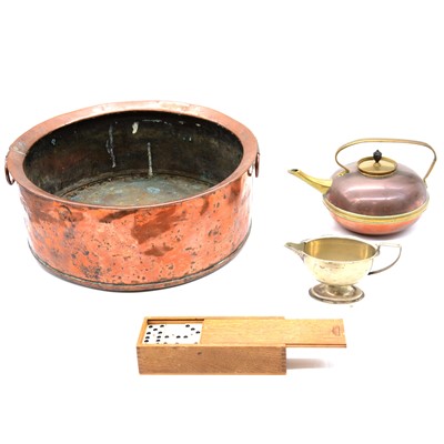 Lot 123 - Copper pan, kettle, barometer, plated milk jug and a barometer/thermometer.