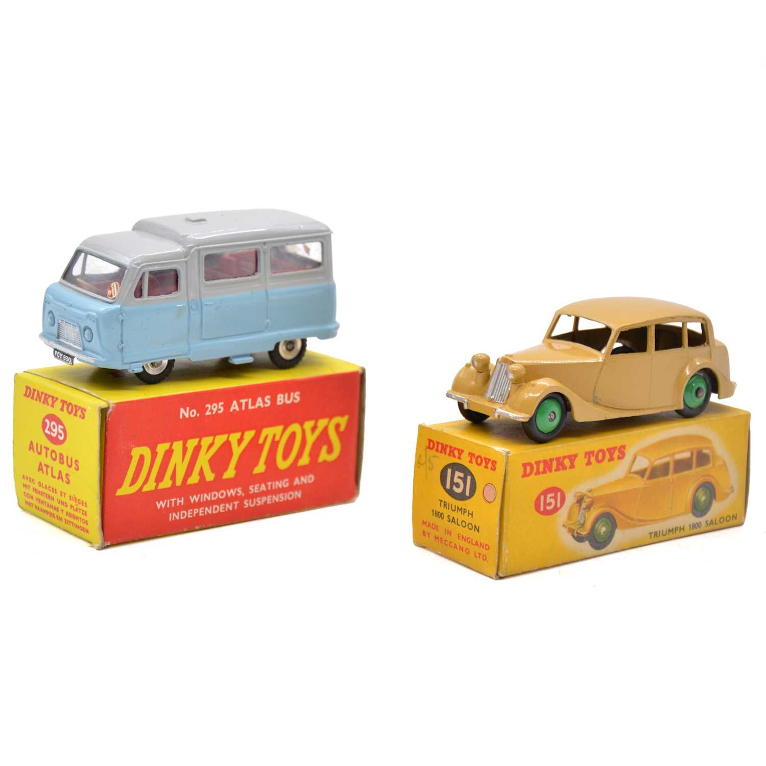 Lot 17 - Dinky Toys models, two including 151 Triumph 1800 Saloon; 295 Autobus Atlas, both boxed.
