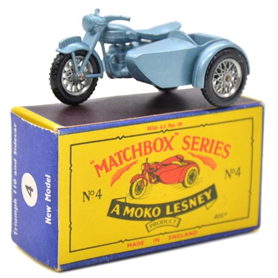 Lot 71 - Matchbox Series model 4 Triumph 110 and Sidecar, boxed.