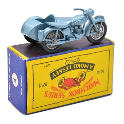 Lot 71 - Matchbox Series model 4 Triumph 110 and Sidecar, boxed.