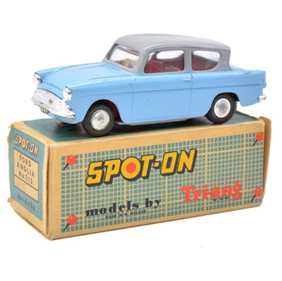 Lot 85 - Tri-ang Spot-on Toy model 213 Ford Anglia, two-tone blue and grey body, boxed.
