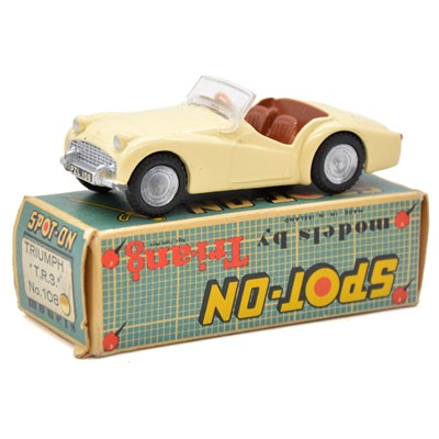 Lot 86 - Tri-ang Spot-on Toy model 108 Triumph TR3, cream body with brown seats, boxed with paperwork.
