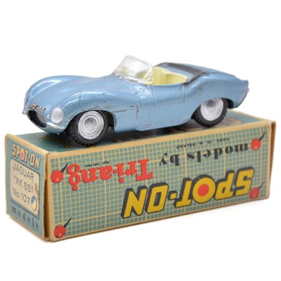 Lot 88 - Tri-ang Spot-on Toy model 107 Jaguar XK SS, metallic grey/blue body, boxed with paperwork.