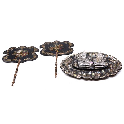 Lot 139 - Victorian paper mache desk stand and a pair of face screens