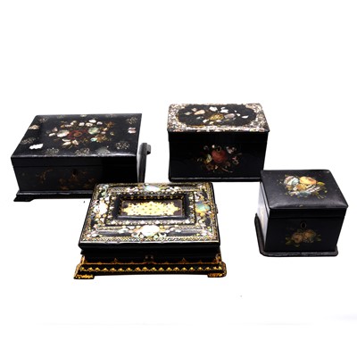 Lot 140 - Victorian paper mache jewellery box, another and two tea caddies