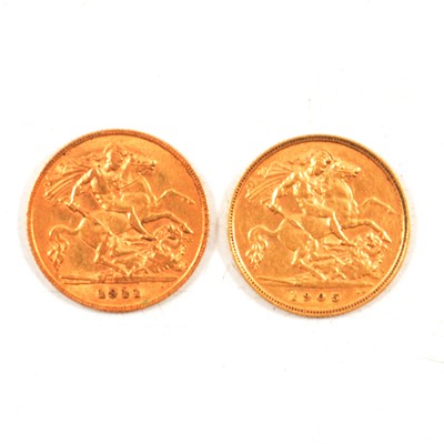 Lot 412 - Two gold half Sovereign coins