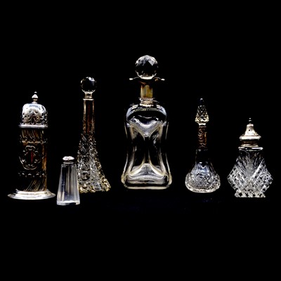 Lot 206 - Silver caster, silver mounted decanter and scent bottles