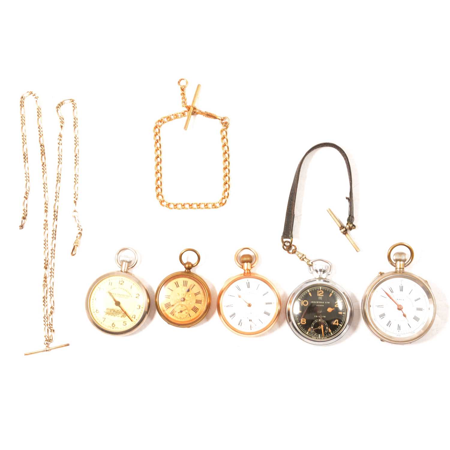 Lot 332 - Five metal cased pocket watches and two Albert watch chains.