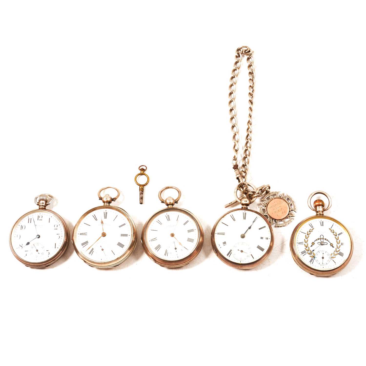 Lot 331 - Five silver open face pocket watches and a silver Albert watch chain.