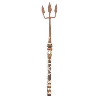 Lot 133 - Mandinka tribal hat; fly whisk; sword; spear with trident tip.