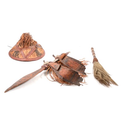 Lot 133 - Mandinka tribal hat; fly whisk; sword; spear with trident tip.
