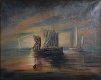 Lot 237 - T Westcott, Fishing barges at sunrise