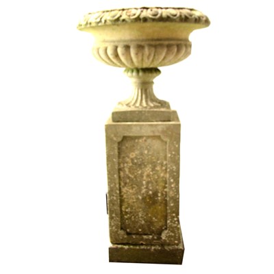 Lot 417 - Concrete campana-shape garden urn on plinth.