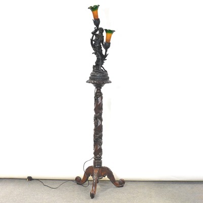 Lot 374 - Art Nouveau inspired table lamp, on carved hardwood pedestal