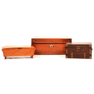 Lot 183 - Square mahogany galleried tray; another tray; bottle coaster; pair of butter pats; wooden boxes.