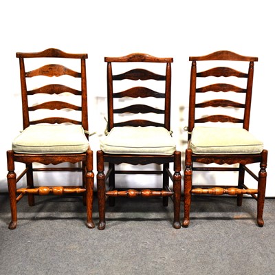 Lot 474 - Matched set of ten elm and ash ladder back kitchen chairs, 19th Century