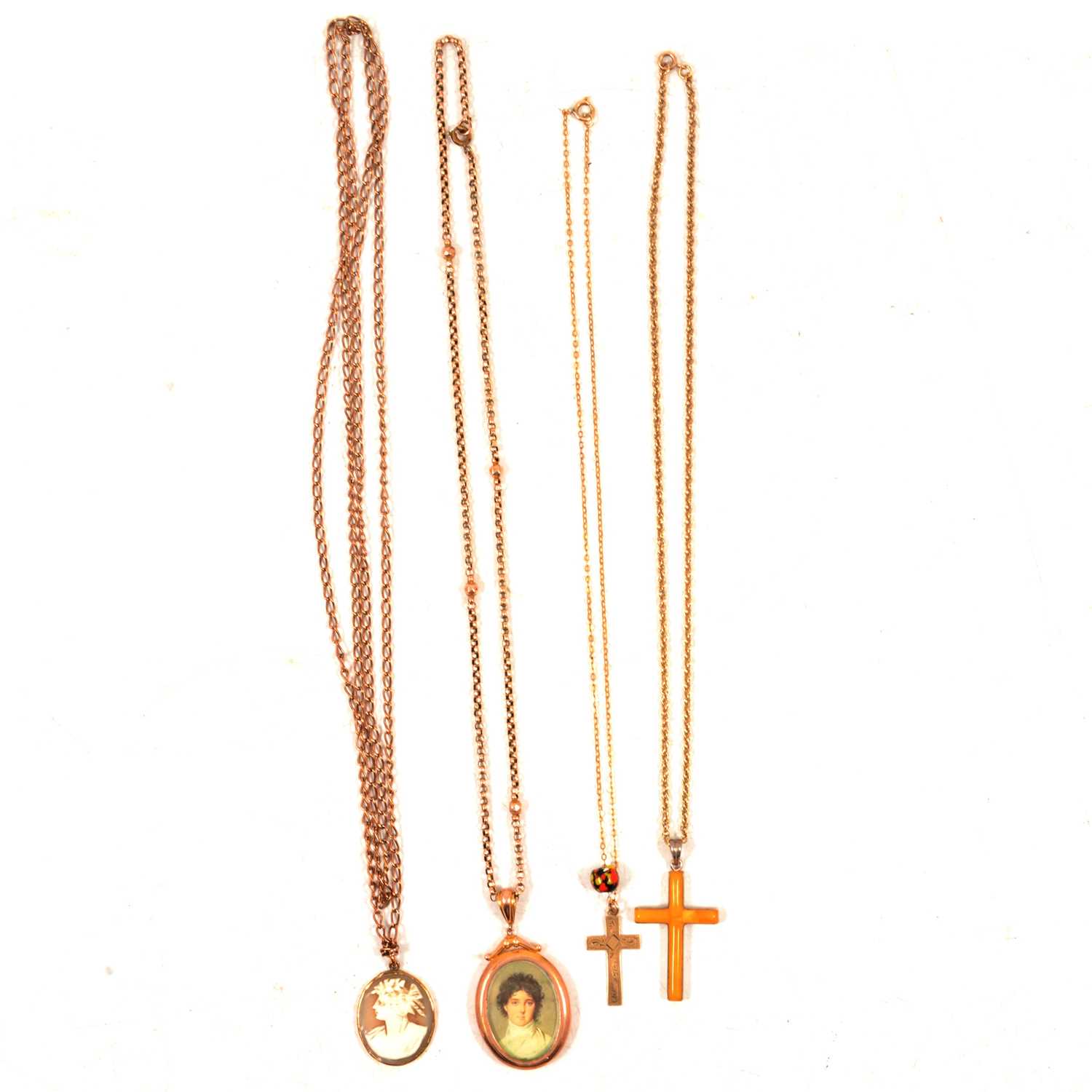 Lot 139 - A gold locket pendant, cameo, two crosses and chains.