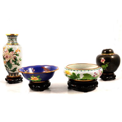 Lot 46 - Cloisonne ginger jar, vase and two bowls