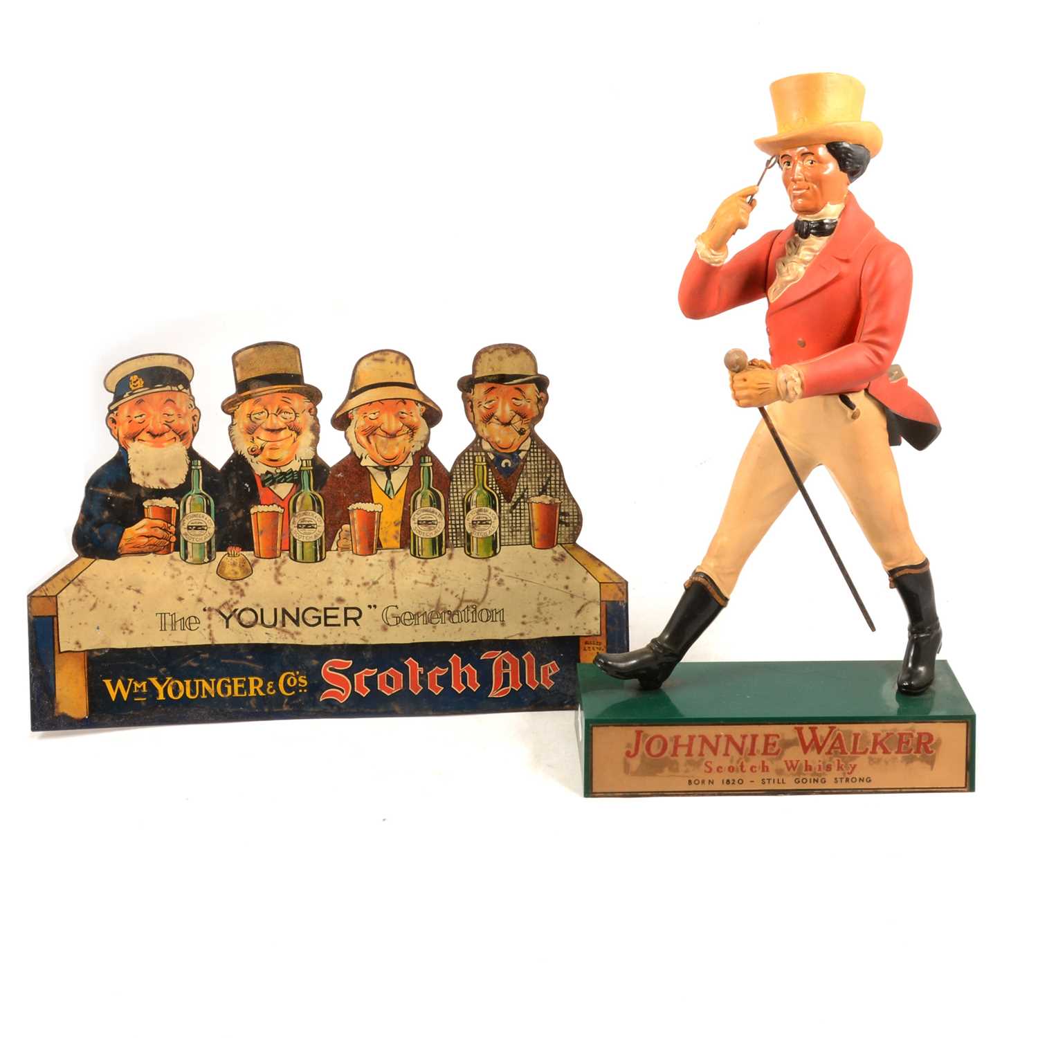 Lot 62 - Johnnie Walker Scotch Whisky advertising counter-top figure, and a Younger & Co tin sign