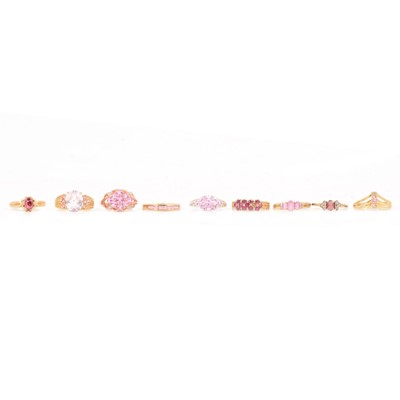 Lot 50 - Nine pink and red gemstone rings, natural and synthetic gemstones.