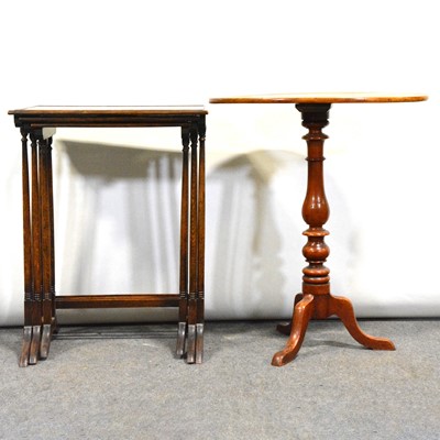 Lot 487 - Nest of three oak occasional tables; Victorian stained wood tripod table with an oval top.