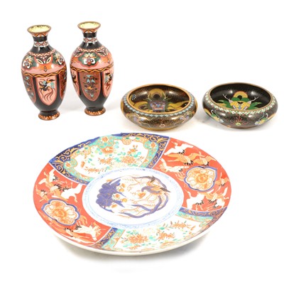 Lot 28 - Two Imari chargers, pair of Japanese cloisonne vases and pair of bowls.