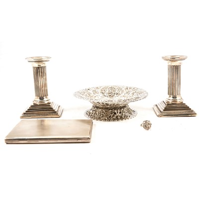 Lot 263 - Pair of silver dwarf candlesticks, Robert Pringle & Sons, Birmingham 1900, and other silver items.