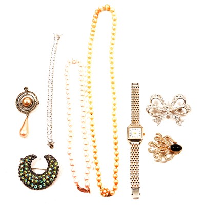 Lot 449 - A cultured pearl necklace, silver bracelet, paste set necklaces, bracelets, earrings, brooches.