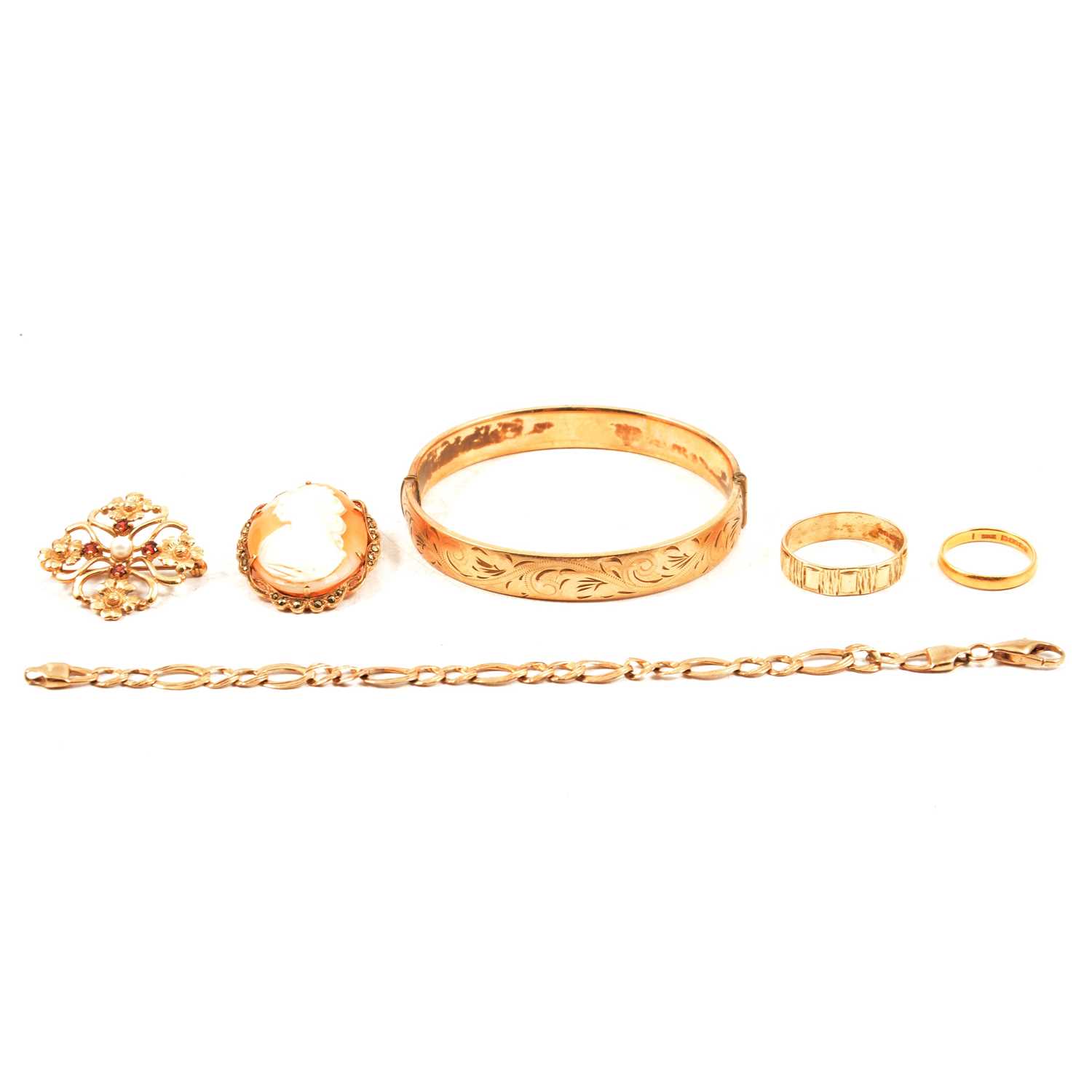 Lot 141 - Two wedding rings, gold bracelet, cameo brooch, gemset brooch and gold-plated bangle.