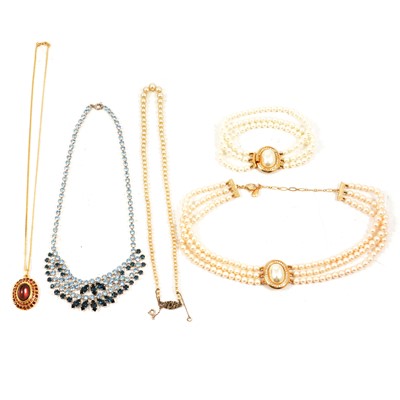 Lot 459 - Vintage costume jewellery, crystal and paste necklaces, simulated pearls, chains and wristwatch.