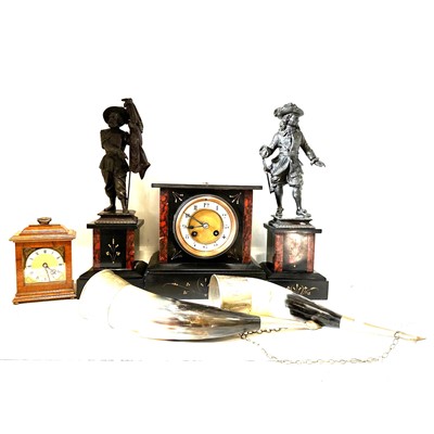 Lot 206 - A black slate clock garniture, small battery operated clock and pair of horns.