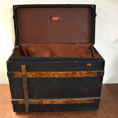 Lot 364 - A Potterton Humberston Gate Leicester trunk, wooden bands, with inner trays, width 69cm.