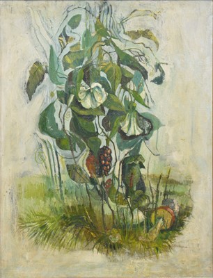 Lot 334 - Peter Newcombe, still life of mushrooms and wild flowers.