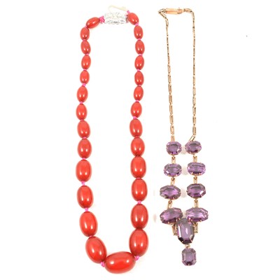 Lot 291 - Amber coloured beads, cultured pearl earrings, synthetic alexandrite necklace, jadeite jewellery.