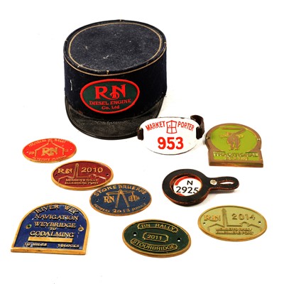 Lot 253 - Collection of canal-related brass plaques, enamelled Market Porter arm badge, etc